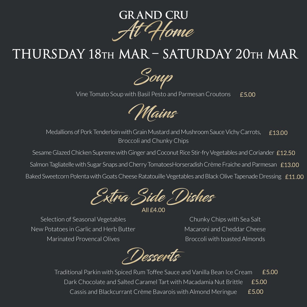 GrandCruDining's tweet photo. Add a little Grand Cru sparkle to your lockdown evenings ✨  
We're pleased to share with you this week's Grand Cru at Home menus.  Order by 3pm Thursday, Friday and Saturday via email (hello@grandcrurestaurant.co.uk) for same day collection. https://t.co/9VfhtDzLmA