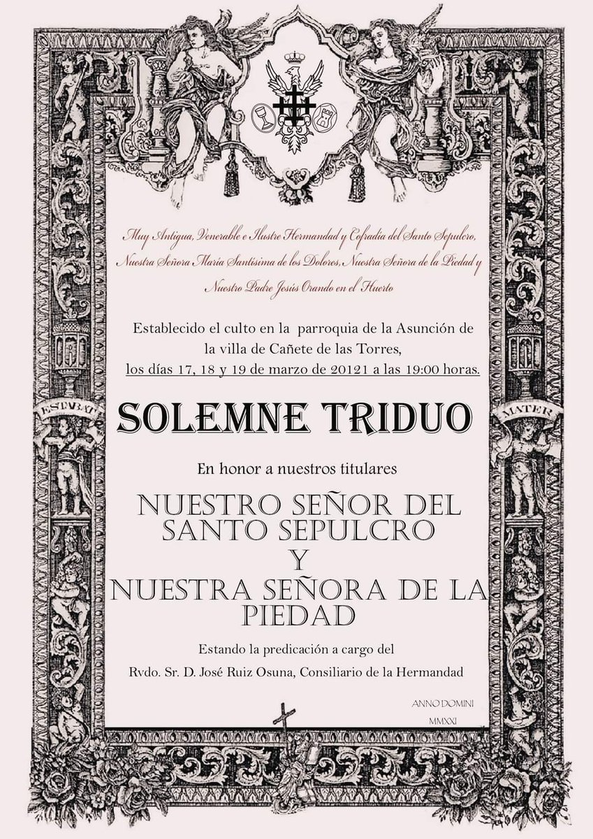 SOLEMNE TRIDUO EN HONOR A NUESTRO SEÑOR DEL SANTO SEPULCRO Y NUESTRA SEÑORA DE LA PIEDAD

Durante los días 17, 18 y 19 de Marzo, a las 19h del presente año 2021, tendrá lugar en el templo Parroquial de la Asunción el anual y SOLEMNE TRIDUO en honor a Nuestros Sagrados Titulares.