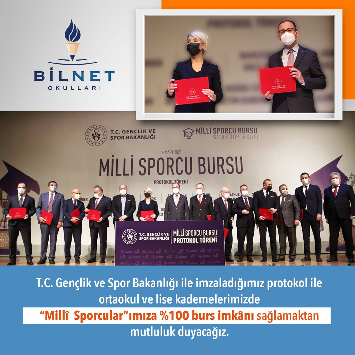 T.C. Gençlik ve Spor Bakanlığı ile imzaladığımız protokol ile ortaokul ve lise kademelerimizde “Millî  Sporcular”ımıza %100 burs imkânı sağlamaktan mutluluk duyacağız.
<a href="/gencliksporbak/">Gençlik ve Spor Bakanlığı 🇹🇷</a> <a href="/kasapoglu/">Dr. Mehmet Kasapoğlu</a> 

#BilnetOkulları #MilliSporcuBursu
