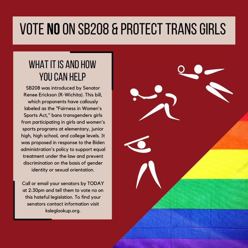 SenatorWare's tweet photo. The KS Senate is voting this afternoon on a discriminatory bill that bans trans girls from participating in school sports. Discrimination is wrong &amp; everyone should have the same opportunities to succeed in life, and that should include transgender youth. 🏳️‍🌈 #ksleg https://t.co/VngdyOLOJW