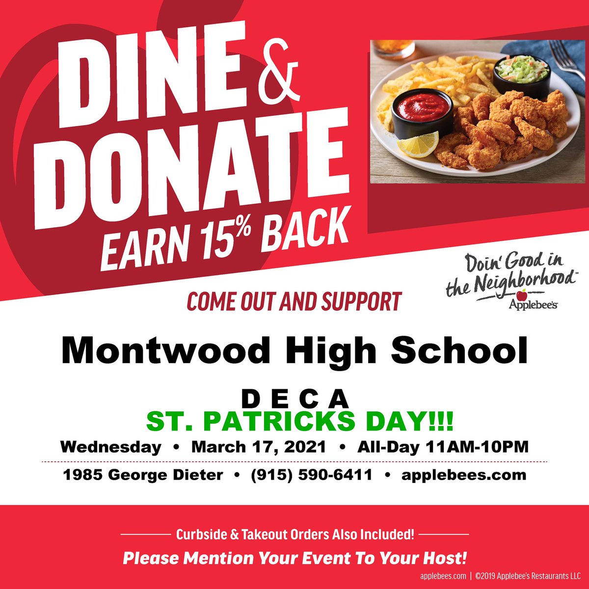 ahall06_MHS's tweet photo. Happy St. Patrick’s Day!! 🍀 Celebrate tonight at home or dine in @ApplebeesEPLC  on George Dieter and mention Montwood  DECA 🔷

#supportDECA #StrongerTogether #EarnYourHorns 🐏 🍀 🍔 @txdeca10 https://t.co/69RaYx2BLn