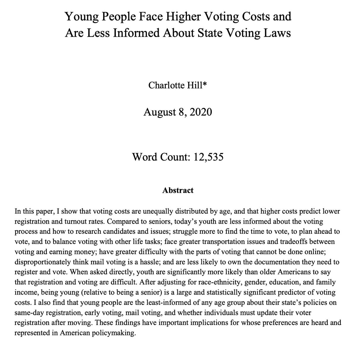 hill_charlotte's tweet photo. If it wasn't hard for you to register and vote, you're probably old. Working paper: https://t.co/ZrYVBuIyRf https://t.co/358JuynO1D