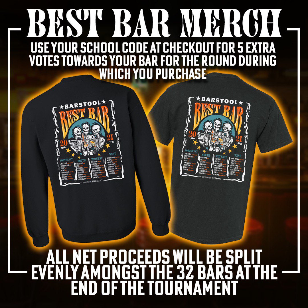 BarstoolU's tweet photo. JUST UNDER 3 HOURS TO GET YOUR VOTES IN. Vote using your bar's specific hashtag found in our threads from Monday and purchase some #BarstoolBestBar merch with your school's code for an extra 5 votes! Link: https://t.co/zUr5sjZyNO

Presented @DrinkRevitalyte https://t.co/FdPvip1LOt