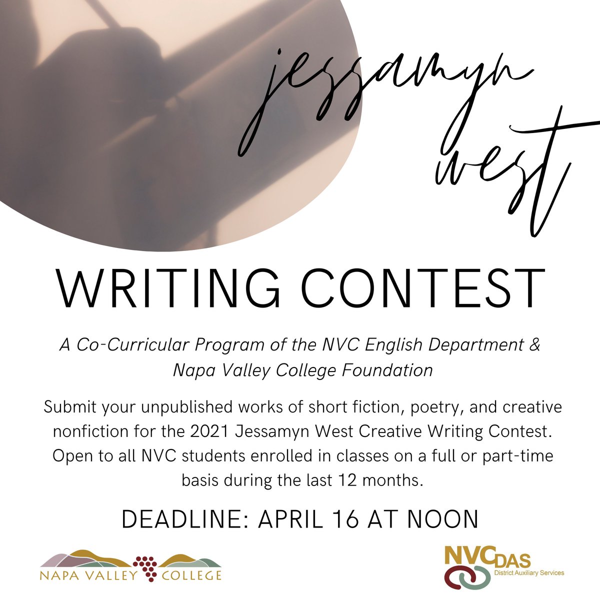NVCPerforms's tweet image. Napa Valley College English Department invites unpublished works of short fiction, poetry &amp;amp; creative nonfiction for the 2021 Jessamyn West Creative Writing Contest.

Open to all NVC students enrolled during the last 12 months.

Deadline 4/16 at noon 👉 bit.ly/3rWAFcf