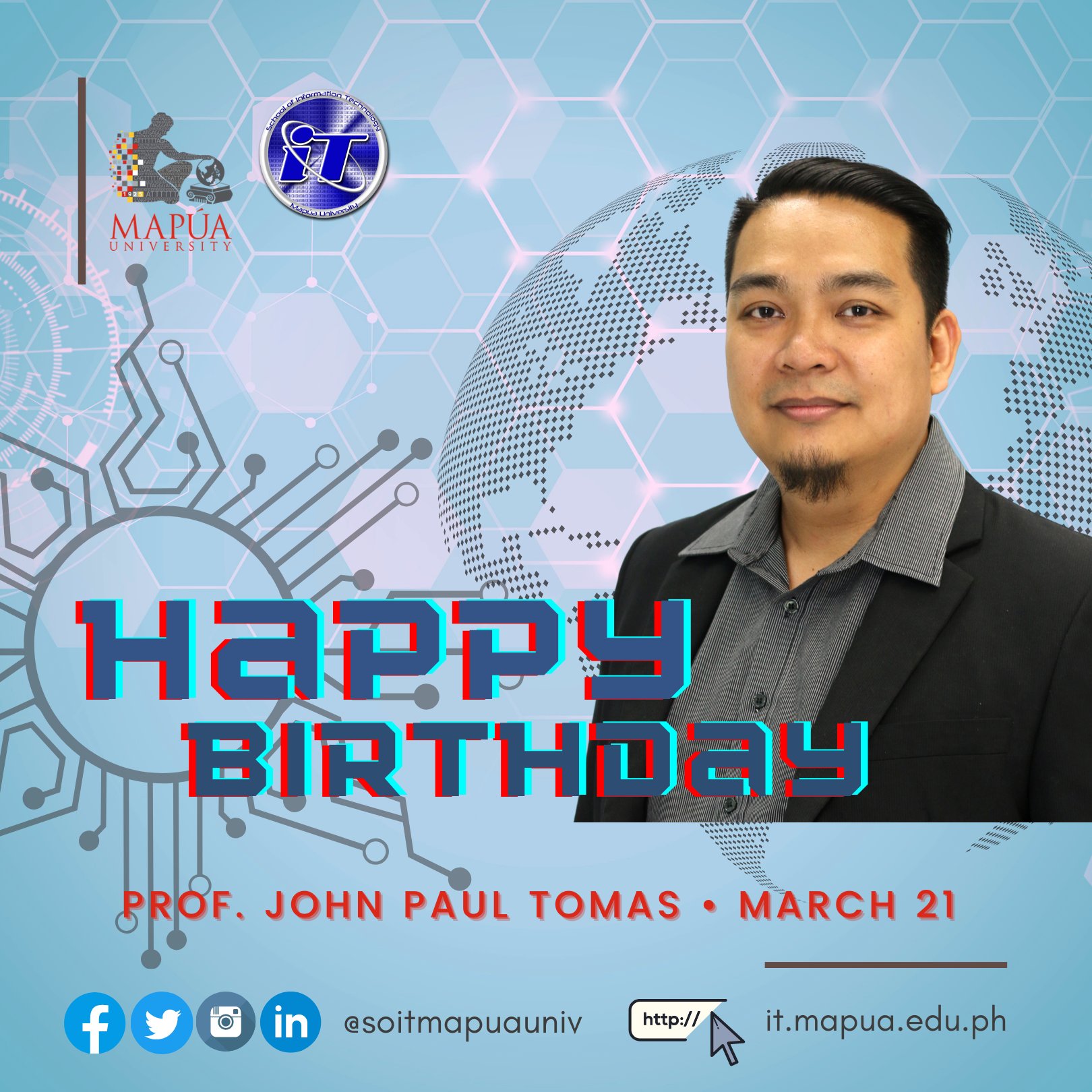 Happy birthday to Prof. John Paul Tomas!
Let us send him our warmest greetings on his special day. 