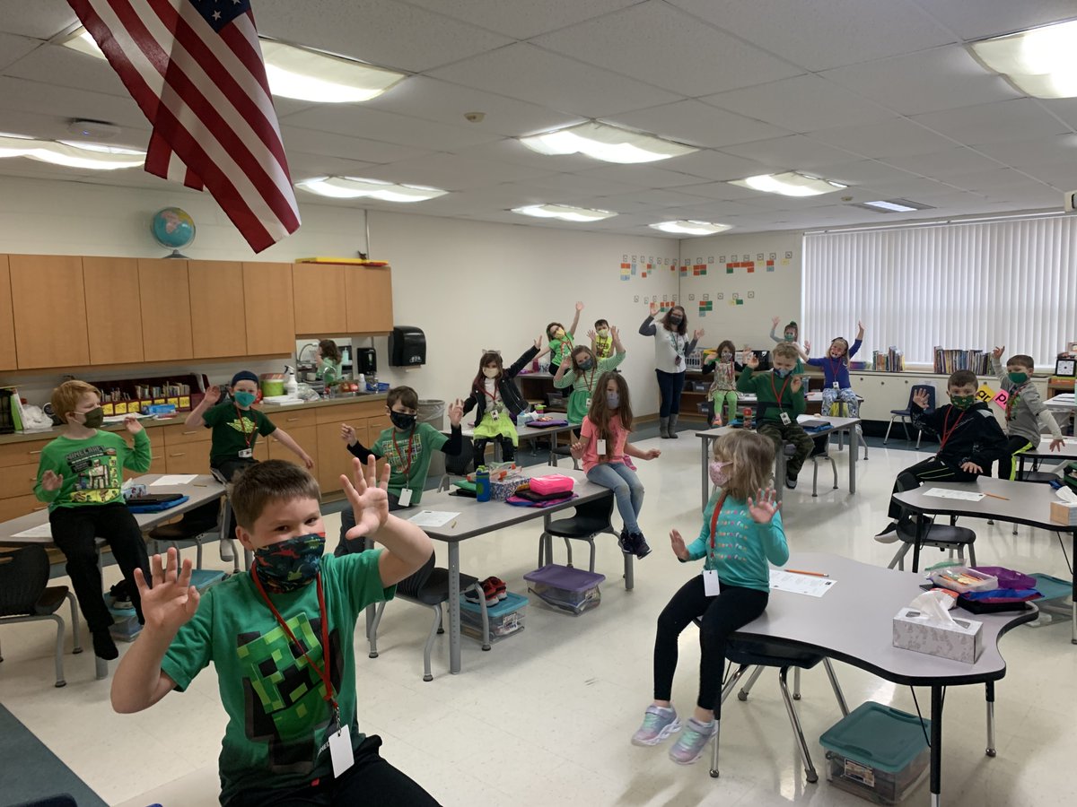 We are having fun on our "Wear Green and Rainbows" day today! One first grader told Mrs. Stuckey, "We're your Harmony Green Hawks today!"