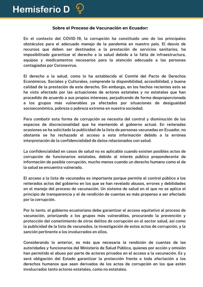 hemisferiod_ec's tweet photo. Hemisferio D se pronuncia respecto a la falta de transparencia en el proceso de vacunación en Ecuador. 

@Lenin @Salud_Ec @IESSec @DDHH_Ec @DESCA_CIDH @MESICIC @EcuadorUnodc https://t.co/Ud1TpvtRo5