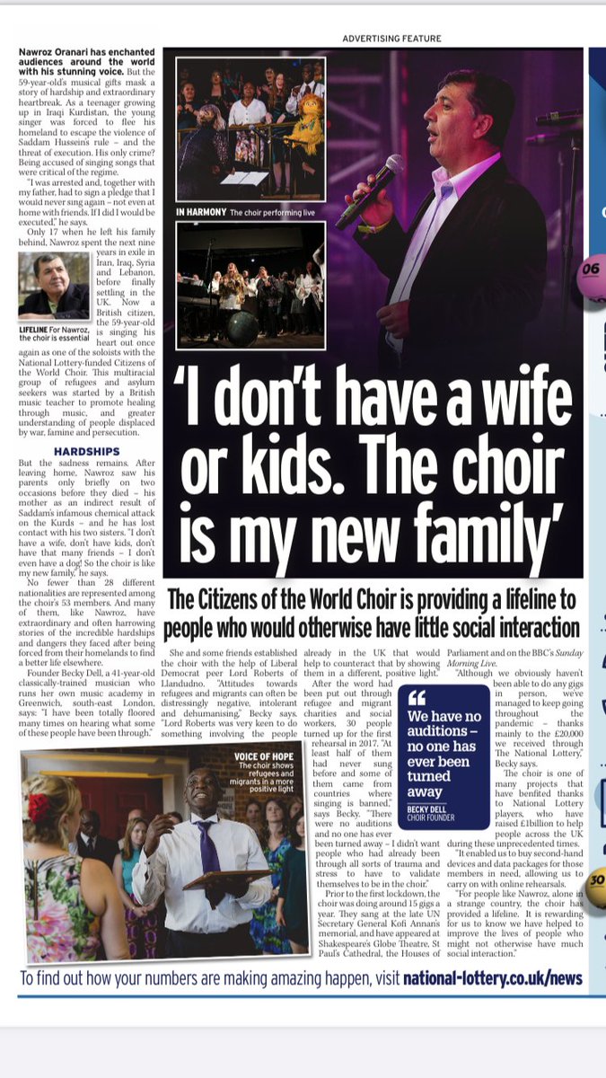 CotWChoir's tweet photo. WOW!!!! Our choir of people seeking sanctuary is profiled as a #nationallottery award recipient in a feature in the Daily Mirror, Daily Express, Daily Star and many other regionals!!! Read all about our amazing members and our story here!! THANK YOU #NationalLottery players!! ❤️ https://t.co/plXFwcpY6O