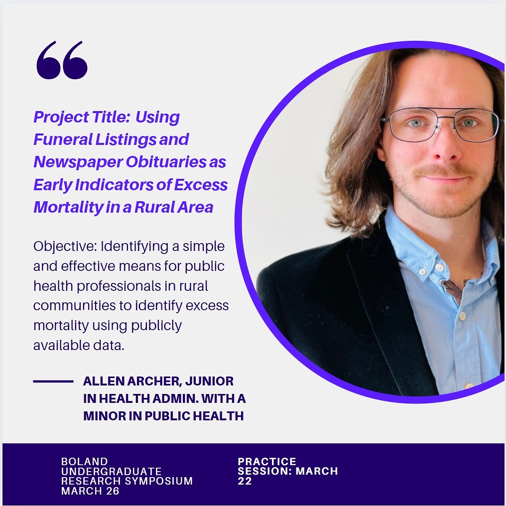 Our next Boland Researcher spotlight is Allen Archer from <a href="/ETSUCPH/">ETSU Public Health</a> !

The Boland will be held virtually on March 26.

A practice session will be March 22 at 5pm the Culp Center room 219.