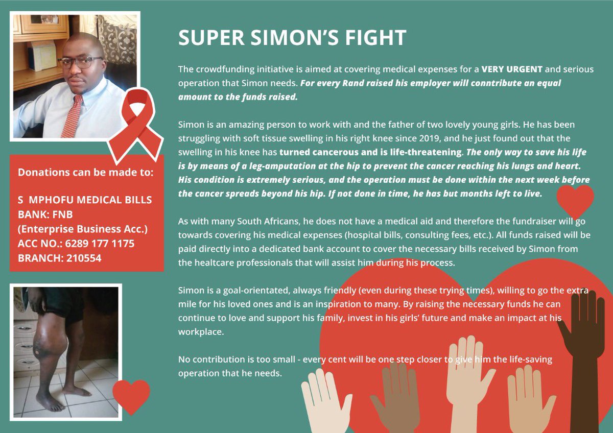 TIME-SENSITIVE! PLEASE RETWEET! 
This colleague of mine urgently needs surgery to amputate his leg. If he doesn’t then he’ll only have a few months to live. Our employer will match every donation. So please, even if it’s just a R100. 🙏🏻🥺🤍