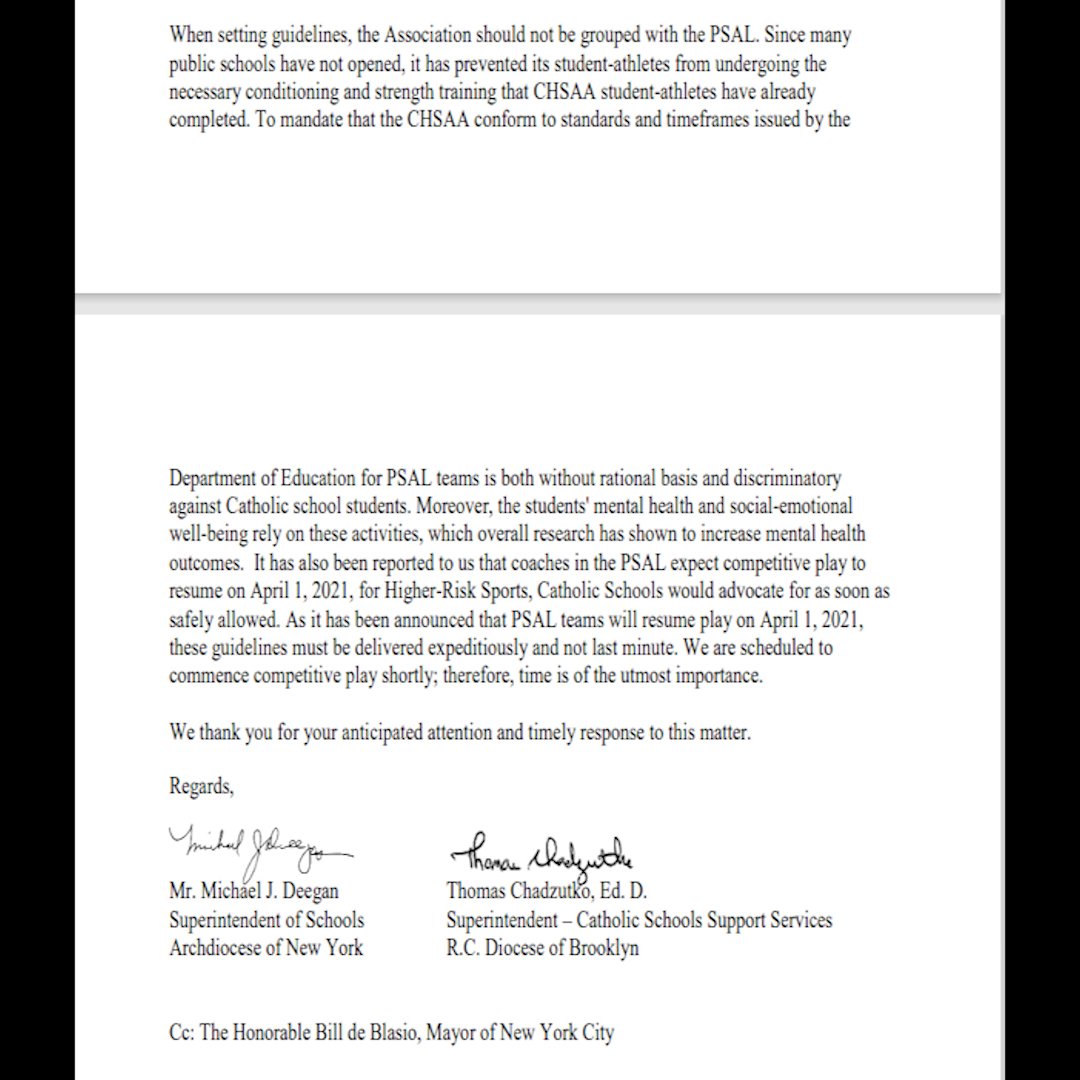 JUST RELEASED: A letter from Superintendents of both <a href="/CHSAA_NYC/">CHSAA</a> Archdiocese of NY &amp; Diocese of Brooklyn to NYC Dept. of Health asking for guidance to start games in high-risk sports.  Previous attempts to get an answer have been ignored.  <a href="/ChsaaHigh/">CHSAA- Catholic High School Athletic Association</a> <a href="/News12BX/">News12BX</a> <a href="/News12BK/">News12BK</a>