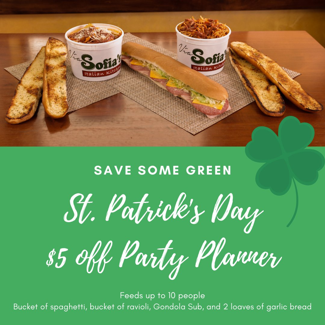 ViaSofias's tweet photo. It's your lucky day! Via Sofia's is offering $5 off Party Planner carryout specials to celebrate St. Patrick's Day!

Place your order at https://t.co/qoKY47SFDX https://t.co/lqtvauyMUs