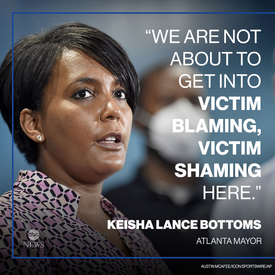 ABC's tweet photo. "We are not about to get into victim blaming, victim shaming here."

Atlanta Mayor Bottoms says spas targeted in yesterday's shootings "are legally operating businesses that have not been...on the radar of APD." https://t.co/gcqyHPElJq https://t.co/yKWZjUqClv