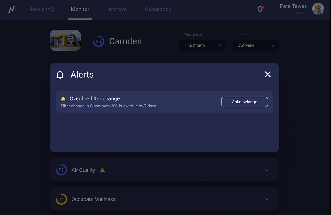 Hawken_IO's tweet photo. If an air quality issue arises in your building, #HawkenAQ can immediately notify building maintenance teams through automated alerts. You can also track cleaning status over time and automatically notify staff when a room is in need of cleaning. https://t.co/DeQEPsbBLm