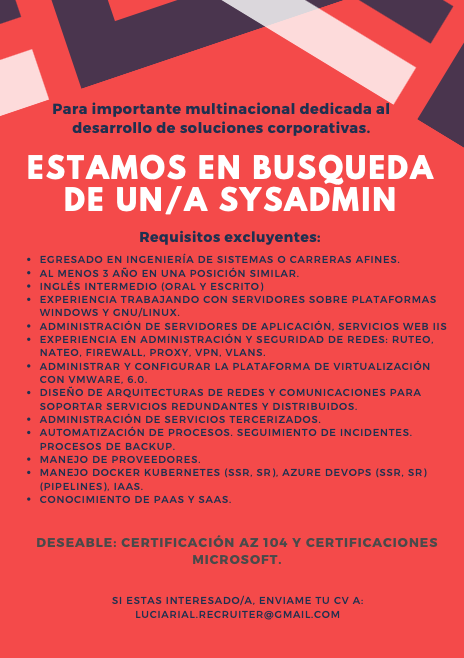 LRrecruiterIT's tweet photo. Comunidad Twittera! 
Estamos en busqueda de un/a #sysadmin 

@chicasentec @SomosCodear @wwcodeba @chicasentec @chprogramadoras @ChicasProgAR @mediachicas @wwcodeba 

#azure #docker #linux #windows #busquedalaboral #buenosaires https://t.co/fIu276KzUE