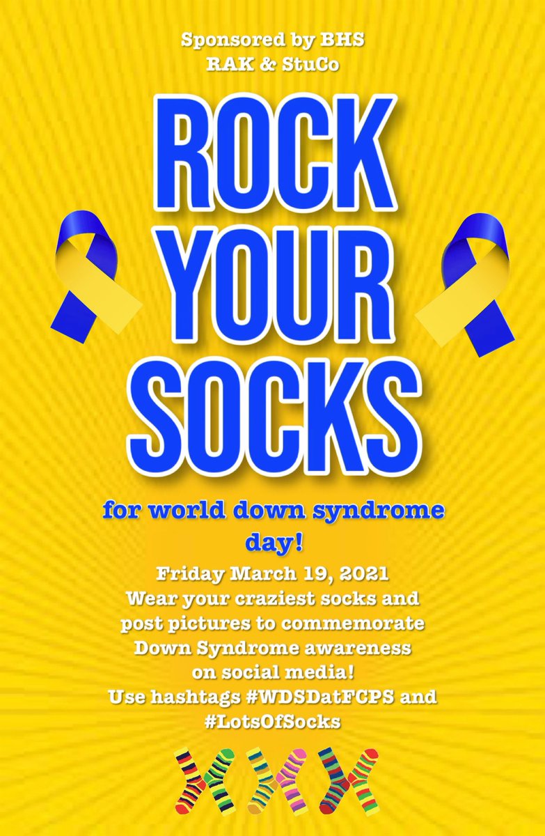 BrunswickHSSC's tweet photo. Friday is World Down Syndrome Awareness Day and we would love to see all of you in some funky socks to show your support! Use the hashtags #WDSDatFCPS and #LotsofSocks https://t.co/FcwxC5gV9D