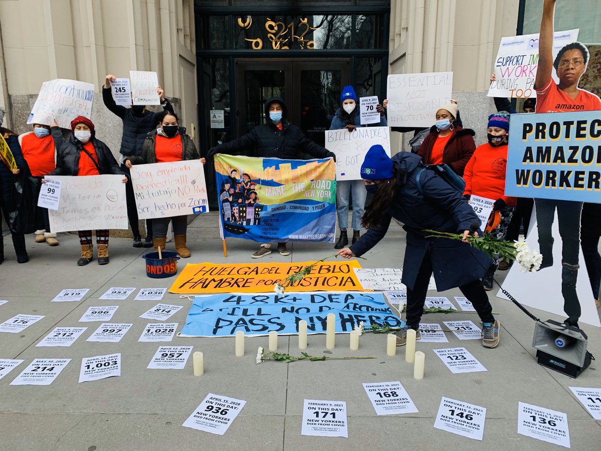 NOW! Workers arrive outside of Jeff Bezo’s home.

A vigil is surrounded by daily markers counting the number of NYers lost to COVID - many excluded workers, many Amazon workers forced into unsafe conditions. 

Enough is enough, @CarlHeastie #ProtectNYHeroes & #FundExcludedWorkers