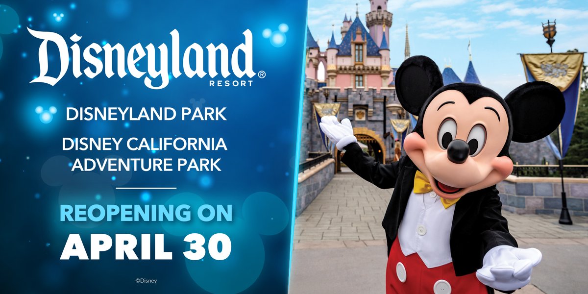 OhMyDisney's tweet image. Just announced! Magic is finally returning to the @Disneyland Resort theme parks! Disneyland park and Disney California Adventure park are planning to officially reopen to the public on April 30 with limited capacity. More details on the @DisneyParks Blog: di.sn/6011HqFrt