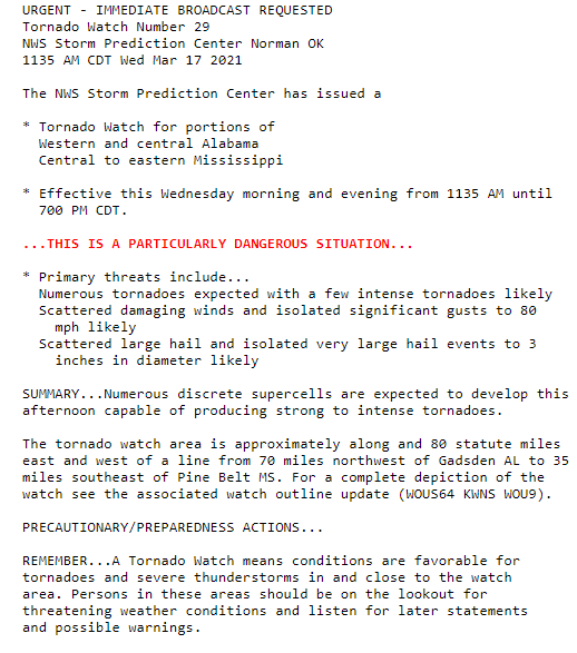 Joseph Cooper Tds Weather S Tweet A Particularly Danger Situation Pds Tornado Watch Issues For Portions Of Ms Al Until 7 Pm Cdt Numerous Tornadoes Expected With A Few Intense