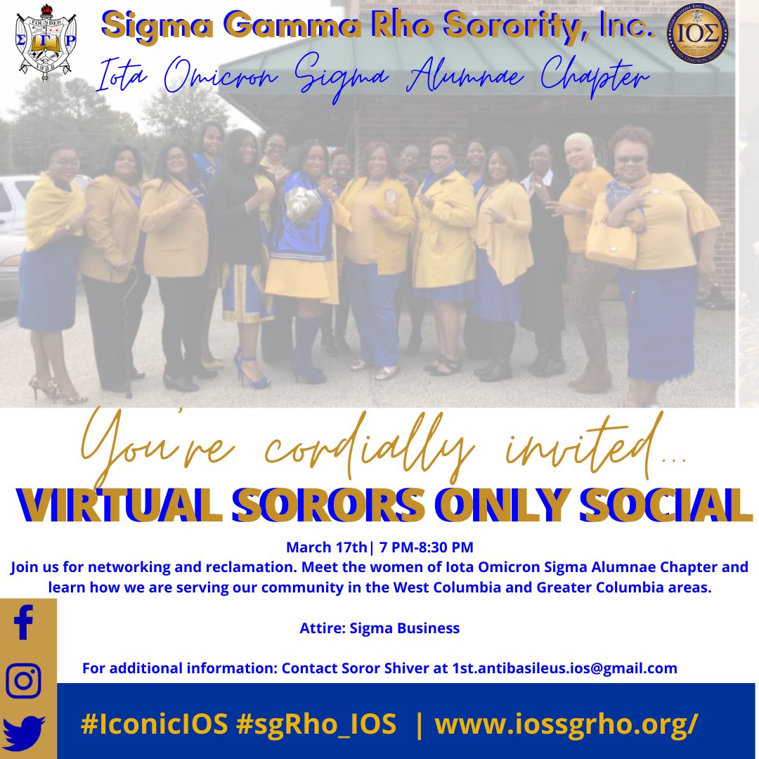 sgrho_ios's tweet photo. The Iota Omicron Sigma Alumnae Chapter of Sigma Gamma Rho Sorority, Inc. is cordially inviting Sorors to network with us tonight! 
Join us at 7:00 PM EST to fellowship and discuss reclamation efforts. 
We can’t wait to see you there. 
#sigmagammarho #sgrho #seregionsgrho https://t.co/UhHNMNRbl1