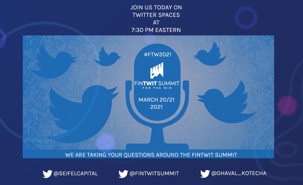 dhaval_kotecha's tweet image. We're going to talk about the @FintwitSummit on Twitter Spaces today at 7:30 PT Eastern.

@MaxTheComrade will be hosting @SeifelCapital and me where we answer questions around the summit.

#ftw2021

See you there!