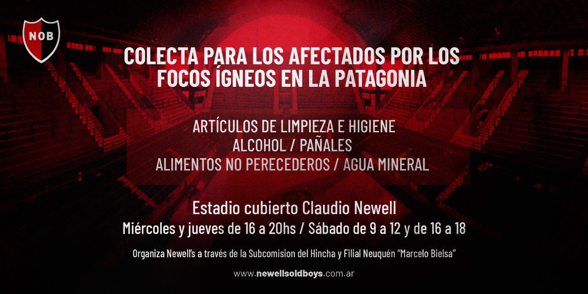 Colecta para los afectados por los focos ígneos en la Patagonia 

🗓 Desde hoy y hasta el sábado en el estadio cubierto.