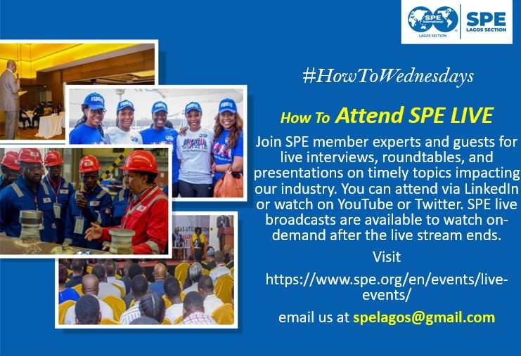 spe_lagos's tweet photo. #HowtoWednesday
Join SPE member experts and guests for live interviews, roundtables, and presentations on timely topics impacting our industry. SPE live broadcasts are also available to watch on-demand.
Visit https://t.co/WMRPGf9rOv for more details. https://t.co/wKNOo41T61