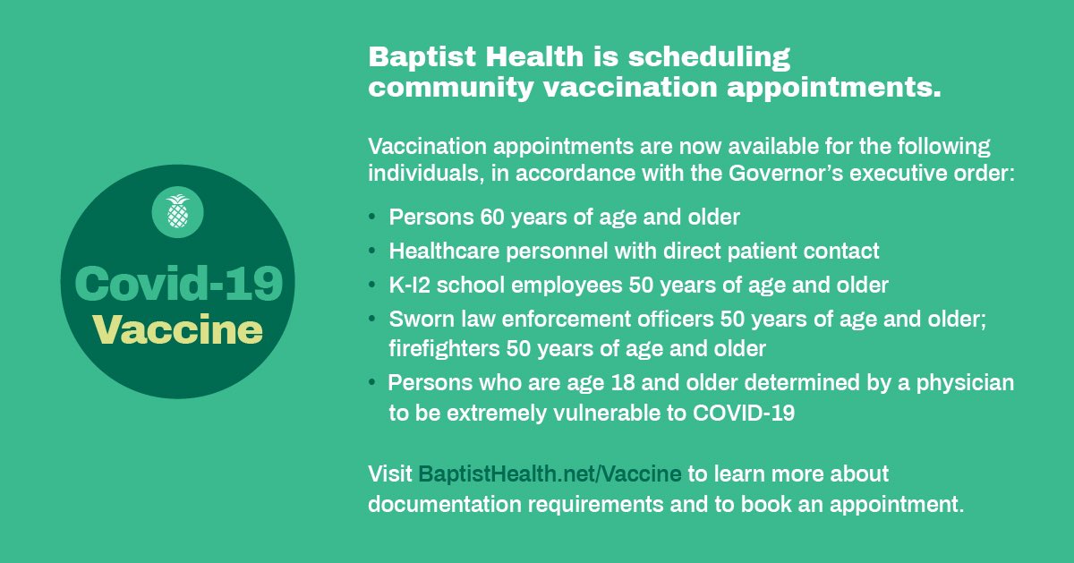 A limited number of COVID-19 vaccine appointments are now available at BaptistHealth.net/Vaccine.
