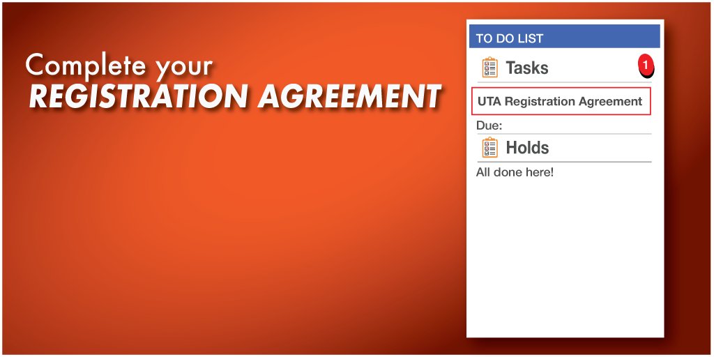 UTAStudentAccts's tweet photo. Class registration is right around the corner! In order to register for your classes, you must complete your UTA Registration Agreement. Log into your MyMav Homepage and navigate to your 'To Do List/Tasks' located in the top right-hand corner. #UTArlington #MaverickMade https://t.co/Sm0VYb2aC0
