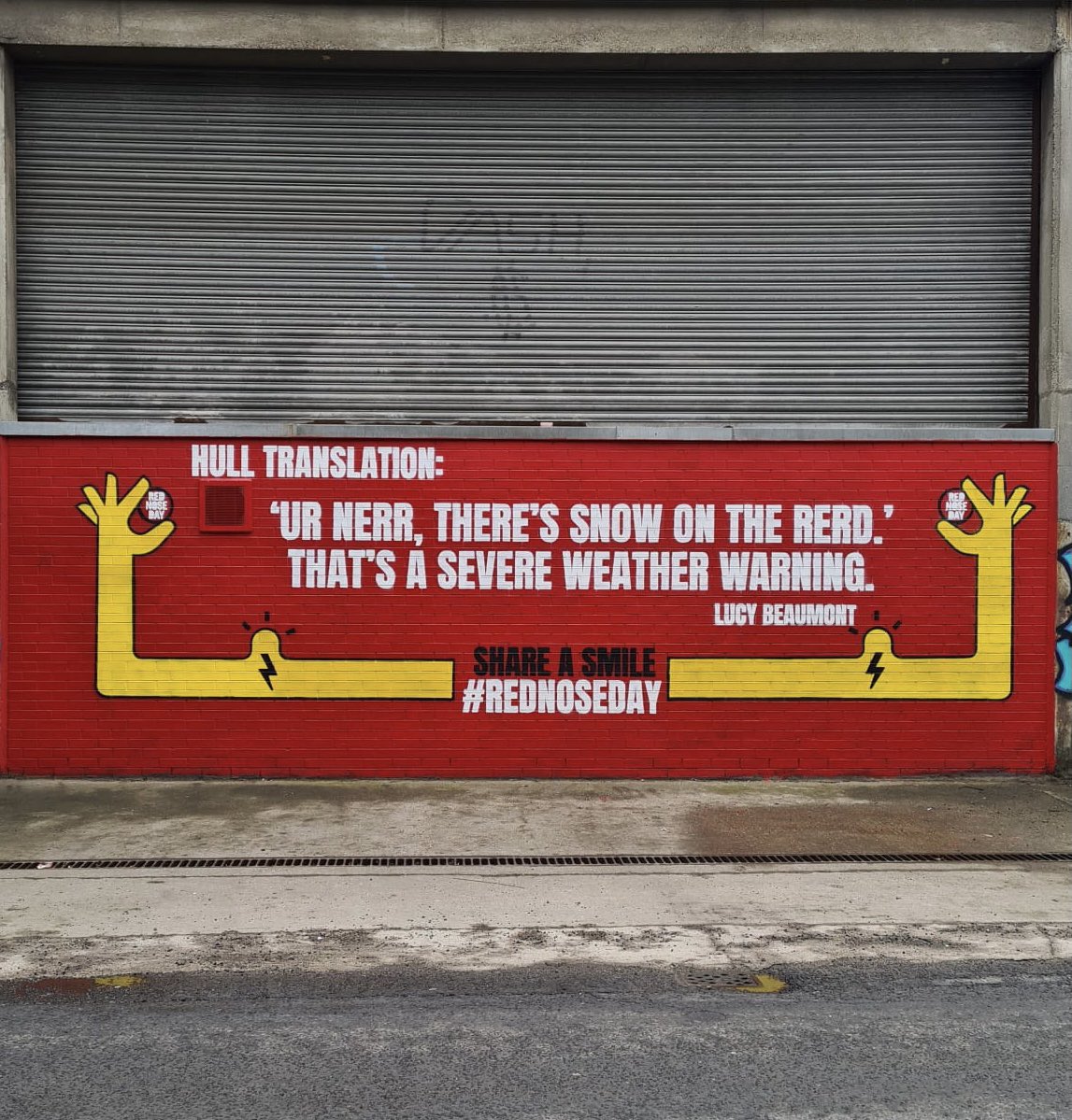 This is one of the <a href="/_SprayCreative/">Spray Creative</a> murals painted in Hull for <a href="/comicrelief/">Comic Relief</a>. The @LucyABeaumont joke is one of two being painted around <a href="/Banksidegalhull/">Banksidegalleryhull</a>.