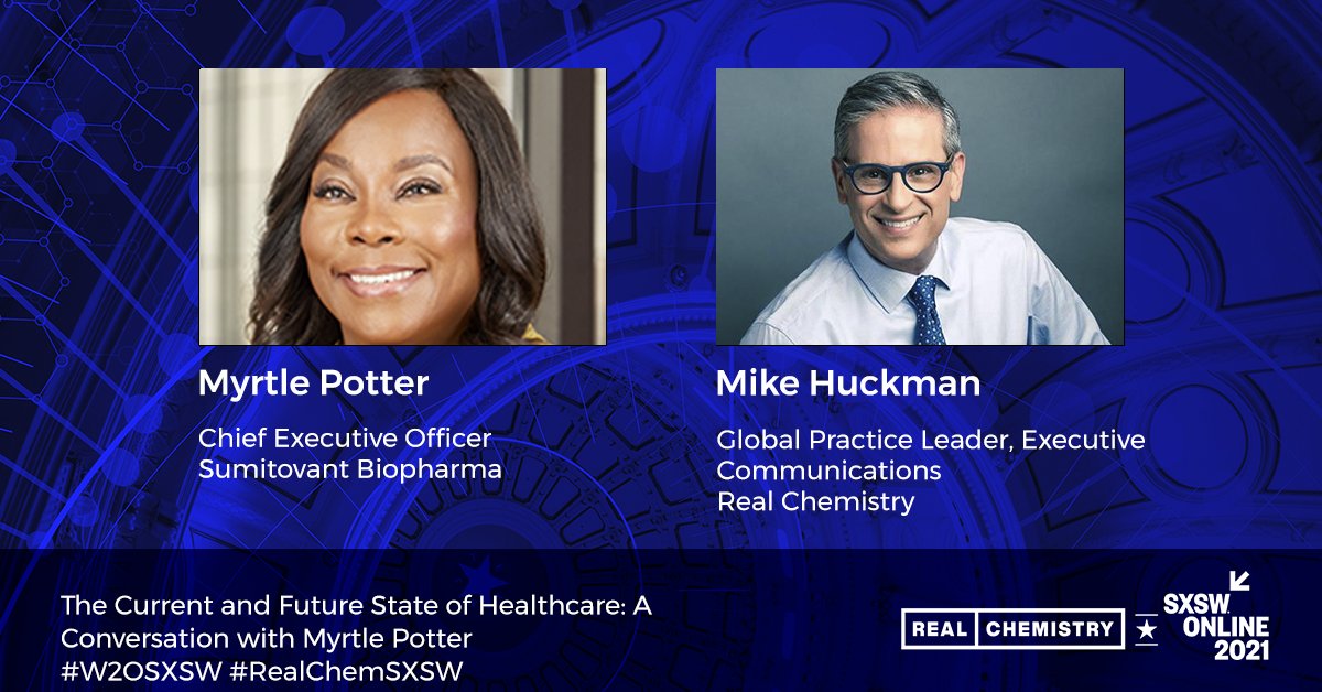 RealChemistry_'s tweet photo. Next up: our client @MyrtlePotter, CEO of @Sumitovant,  and our own @MikeHuckman explore the current state of #healthcare and discuss visions for its future. https://t.co/DQ5oeygrqp #RealChemSXSW #W2OSXSW https://t.co/MfHBwwYT7Z