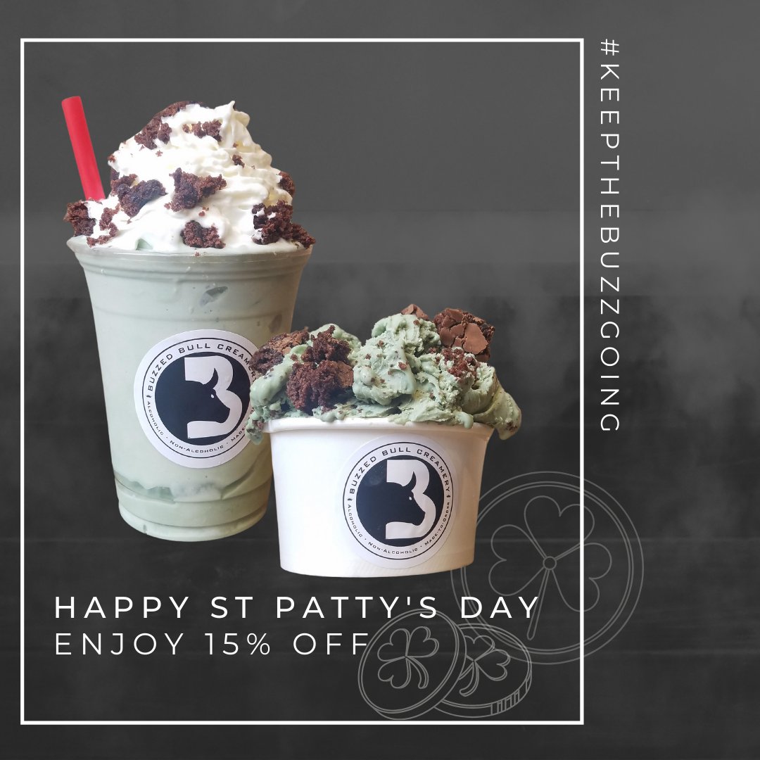 Catch the luck of the Irish with us &amp; enjoy 15% off our green ice creams and milkshakes! 🍀

Select green flavors: Peppermint mocha &amp; Mint Chocolate chip!

#keepthebuzzgoing #StPatricksDay #thebuzzedbulldifference #familyfun