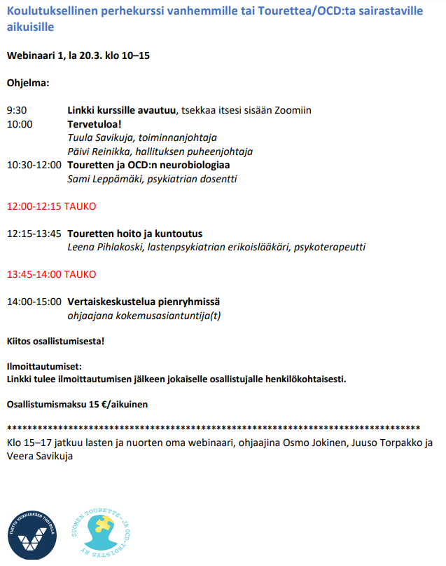 STOySuomi's tweet photo. STOy:n järjestämään Koulutuksellinen perhekurssi -webinaariin on vielä ilmoittautuminen auki ke 18.3. klo 21:00 asti. Ilmoittautuminen tätä kautta: https://t.co/7wxPV6l1NJ 

Webinaarin teemana on Touretten ja OCD:n neurobiologinen tausta sekä hoitomenetelmät

#aivoviikko #nepsy https://t.co/yfrFc6ydrk