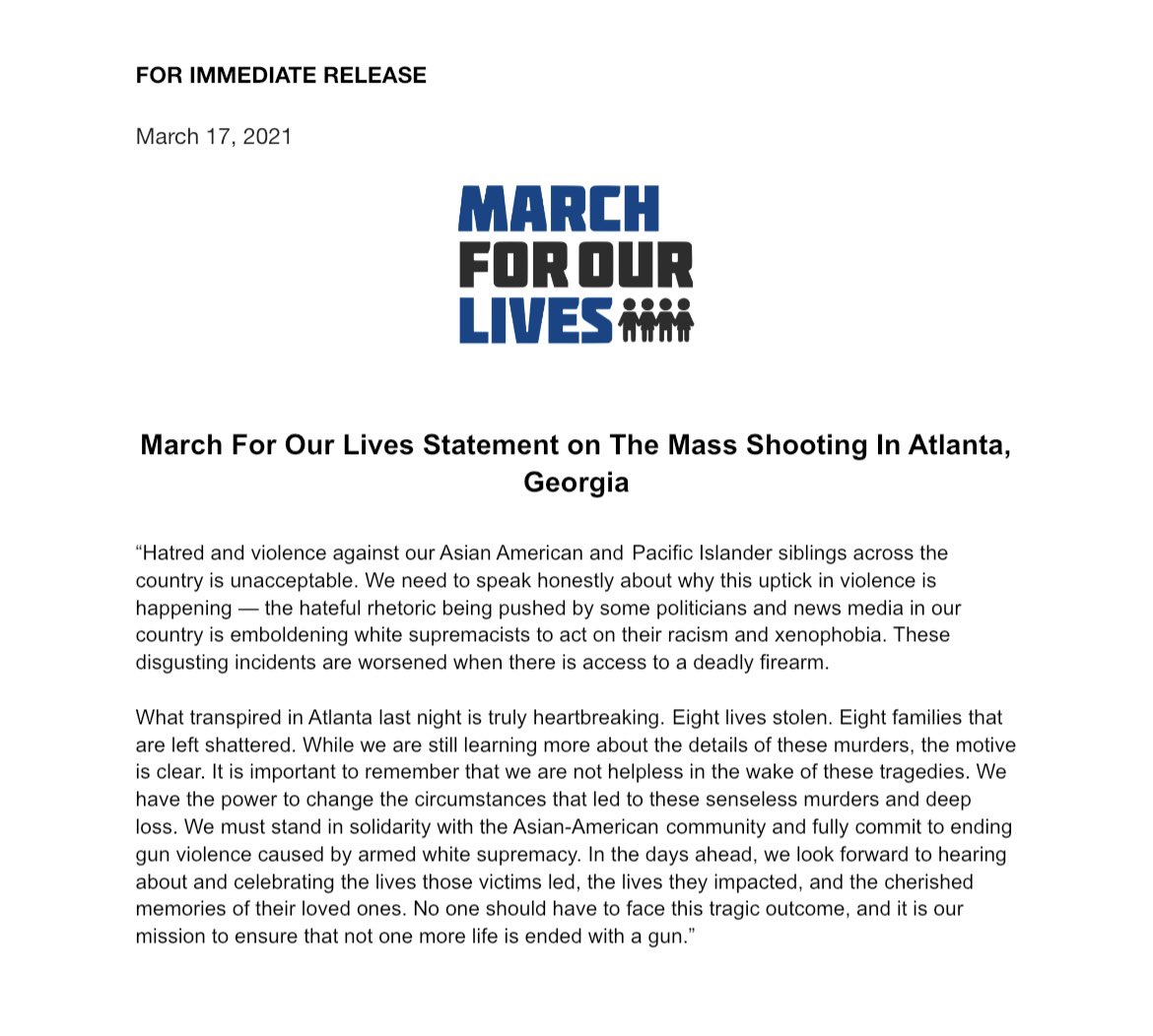 AMarch4OurLives's tweet image. Our Statement on The Mass Shooting In Atlanta, Georgia.