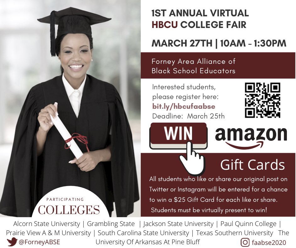 Attention Juniors &amp; Seniors from Kaufman, Rockwall and Dallas Counties! We look forward to seeing you at our HBCU Virtual College Fair on 3/27. Share and/or like this post before the 25th to be entered into a drawing! Sign Up Here: bit.ly/hbcufaabse #HBCU #FAABSEstrong