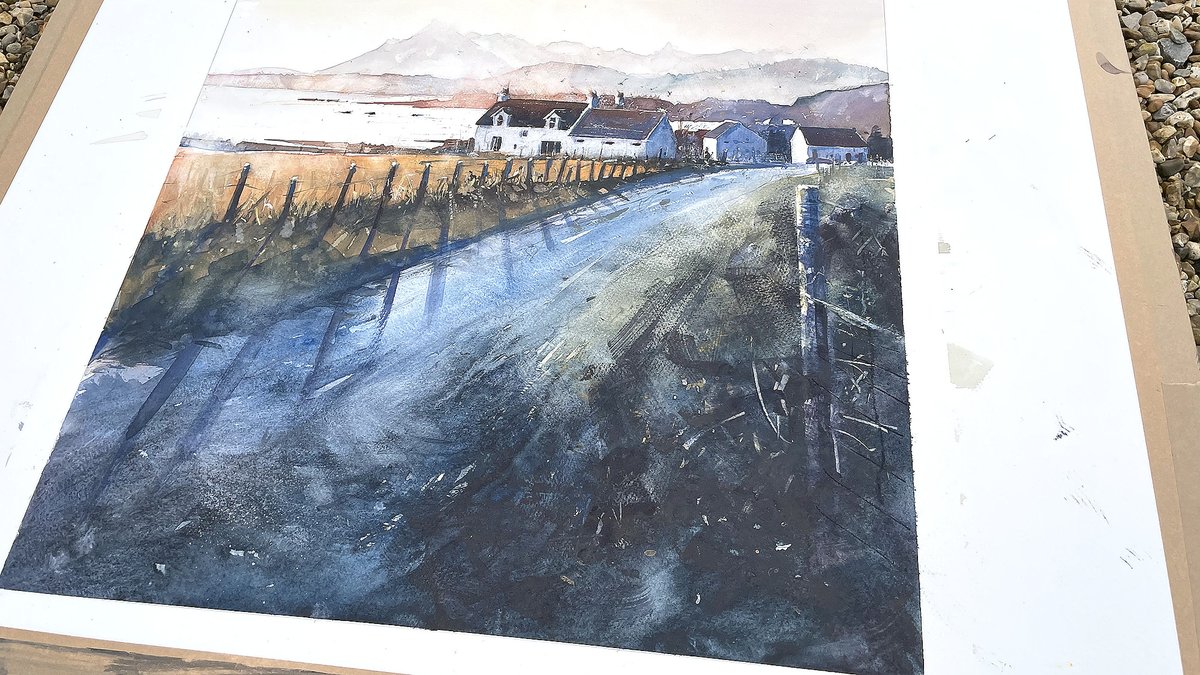 Today's watercolour. Looking towards the Cuillin from Tarskavaig on Skye. From a 2018 trip staying in a converted croft. 48cm square on Millford paper using Schmincke watercolours. #watercolour #Skye #Scotland