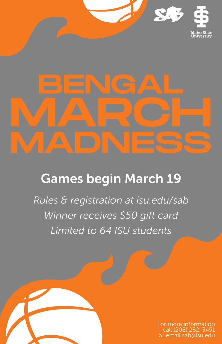 isusab's tweet photo. Bengal March Madness is coming up soon! Make sure to claim your spot for a chance to win a cash prize. Information is located on our website at https://t.co/KukTQulSiM.

If you have any questions give us a call at 208-282-3451 or email us at sab@isu.edu. https://t.co/1kb5Sk3UO6