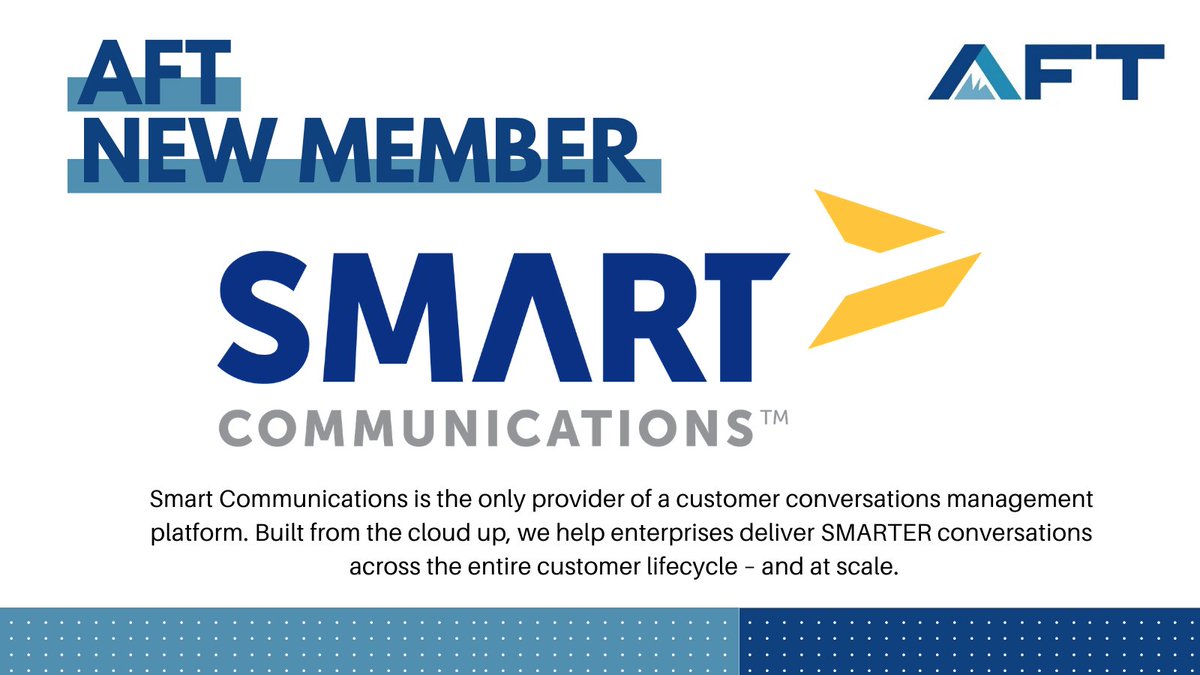 AFTWeb's tweet photo. Join us in welcoming @CCMInnovators as a new #AFTMember! Smart Communications is the only provider of cloud-based, next-generation customer communications platform. Outsmart the complexity, scale the conversation. https://t.co/mFBAtv62Xu https://t.co/ad1dJi0N57
