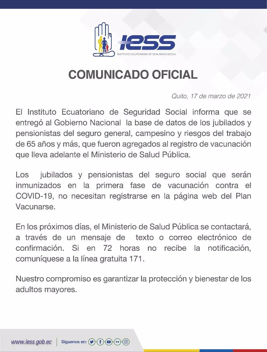 IntramurosE's tweet photo. A través de un comunicado oficial, difundido el 17 de marzo de 2021, el #IESS puso en conocimiento a la ciudadanía que entregó la base datos de los jubilados a fin de ser registrados en el plan vacunarse.
#IntramurosEc https://t.co/MzmEzYyEIz