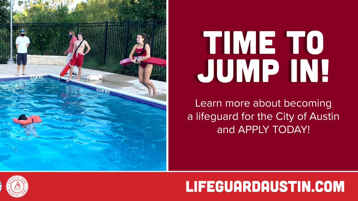 AustinCityParks's tweet photo. Lifeguard applications now being accepted - training &amp; certification offered for qualified applicants ages 15+. Enjoy flexible hours, learn life-saving skills, work outside, and earn $15/hour. Learn more, apply today!  https://t.co/gUKo9jbndd
#LifeguardAustin #SwimATX #ATXjobs https://t.co/DolByT7Fp4