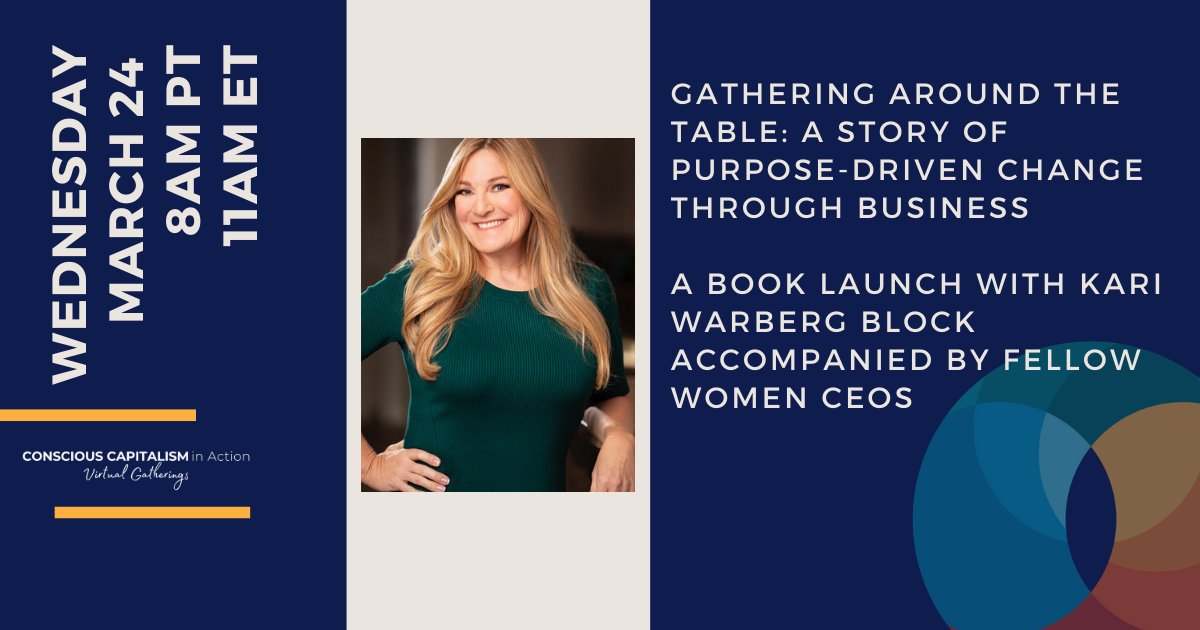 ConCapCincy's tweet photo. Join author, Kari Warberg Block, and fellow powerful female CEOs and authors as they break down the elements of Kari’s newly launched CC Press book, “Gathering Around the Table: A Story of Purpose-Driven Change Through Business.” https://t.co/zIrNVhtb59 https://t.co/yuQ4R9ht4X