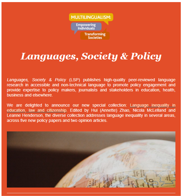 LSPjournal's tweet photo. 5 policy papers and 2 opinion articles form this Special Collection on '#LanguageInequality in education, law and citizenship', edited by @DrHZhao &amp;  @McLellandNicola, including timely contributions on #Census language questions and multilingualism in HE
 
https://t.co/Brhg53nPS7 https://t.co/ttE9r8mEet