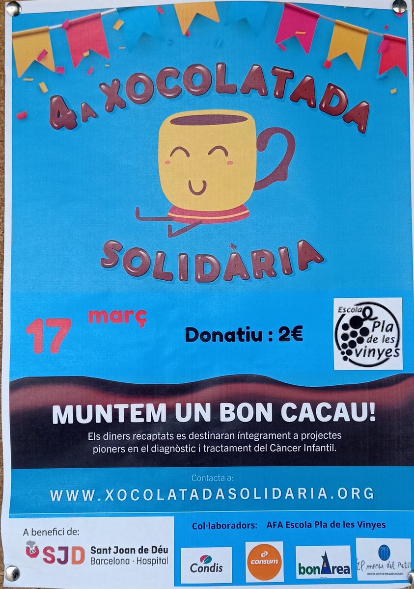 pladelesvinyes's tweet photo. Avui hem celebrat la Xocolatada  Solidària.
Els beneficis obtinguts aniran destinats a la investigació contra el càncer infantil.
Moltes gràcies a l'AFA de l'escola, al càtering "El Menú del Petit" i als diferents comerços col-laboradors de Santa Coloma. #Totsjuntsfemescola https://t.co/B1seR10M6O