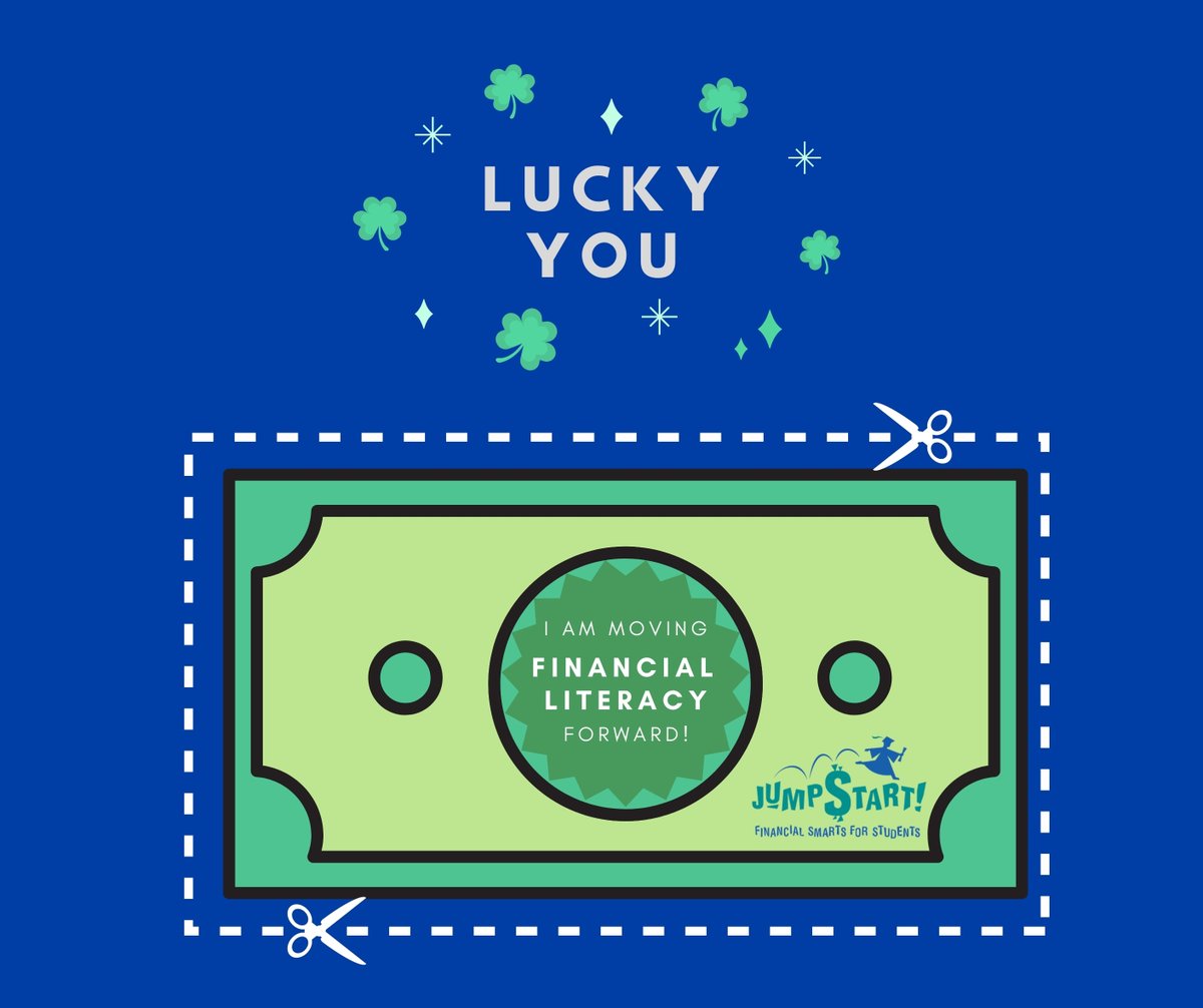 MFEC_MT's tweet image. If you forgot to wear green for St. Patrick’s Day, Jump$tart has you covered! Cut out the dollar bill and pin to show your support of financial literacy.  Happy St. Patrick’s Day, you don’t have to have luck to be financially fit!” 
@NatlJumpStart