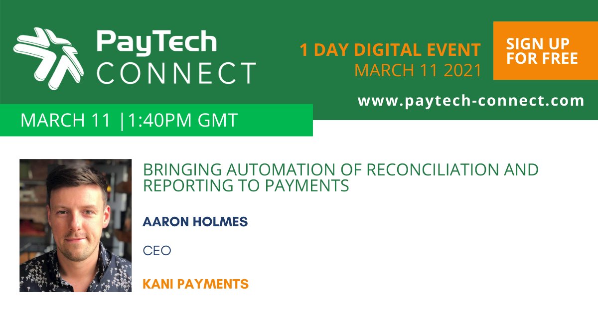 fintech_connect's tweet photo. Watch last week’s #PayTechConnect session ‘Bringing automation of reconciliation and reporting to #payments” by Aaron Holmes, CEO at @KaniPayments. 

Catch up on demand for free here: https://t.co/SY7tSOxe1w 

#PayTech #Banking #FinTechConnect #PTC21 #Payments https://t.co/4BhOtmUjoN