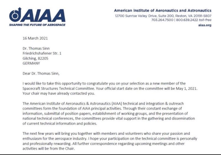 Truly honoured to be selected as a new member of the <a href="/aiaa/">AIAA</a> Spacecraft Structures Technical Committee