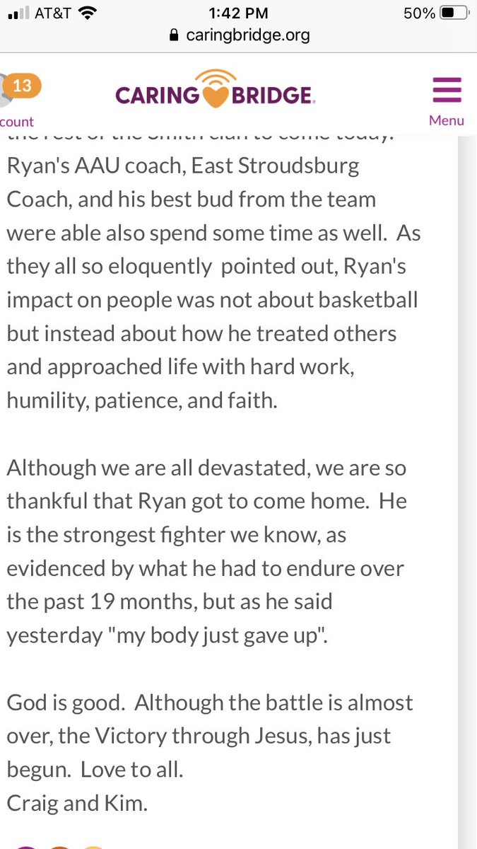 The tweet that we never thought would come. ⁦<a href="/rynsmth_/">Ryan Smith</a>⁩ absolutely won. He made me stronger when he was at his weakest. Grab a tissue before you read the attached Caring Bridge journal post from his parents. #RelentlesS