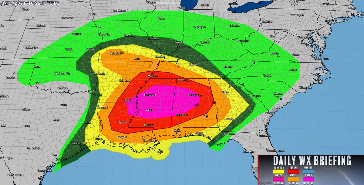 TheStormGame's tweet photo. #ALERT - DAY 1 - SEVERE WEATHER OUTLOOK
LEVEL: HIGH
LOCATION: LA, AR, MS, AL
RISKS:
Tornadoes: 45% (Several signficant tornadoes)
Wind: 45% (Significant wind possible)
Hail: 30% (Significant hail possible)

MORE INFORMATION:
https://t.co/qbIW6OElFr https://t.co/I6kS6URB1T