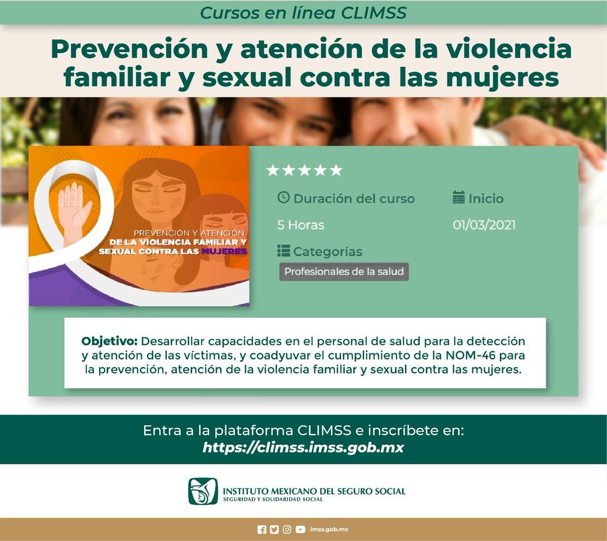 Tu_IMSS's tweet photo. ¡Curso nuevo y gratuito!

Inscríbete en la plataforma #CLIMSS y capacítate en "Prevención y atención de la violencia familiar y sexual contra las mujeres".

https://t.co/akZiq2guHB https://t.co/aqTpG1ymH1