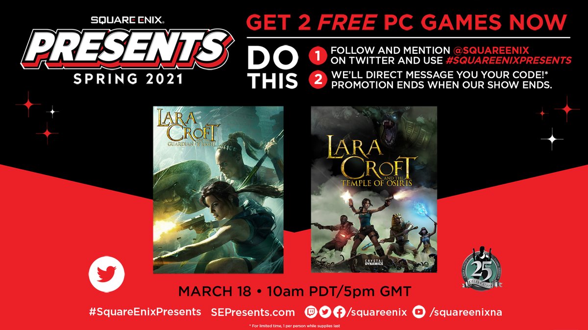 tombraider's tweet photo. Guess what? @SquareEnix is offering up 2 great (if we do say so ourselves!) co-op games for spreading the word about #SquareEnixPresents! Follow the steps below and you’ll be DM'ed free codes! Promo ends when the show ends. 

Watch -> https://t.co/y4yXwSF7Df tomorrow @ 10AM PDT https://t.co/ezCzeylYzs